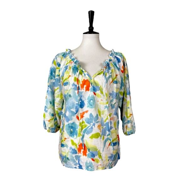 Hester & Orchard Top Linen Cotton Tie Neck White Multi Floral Women’s Size Small - Picture 1 of 10
